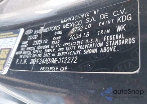 2021 Kia Forte Lxs from USA, damaged, VIN 3KPF24ADXME312272